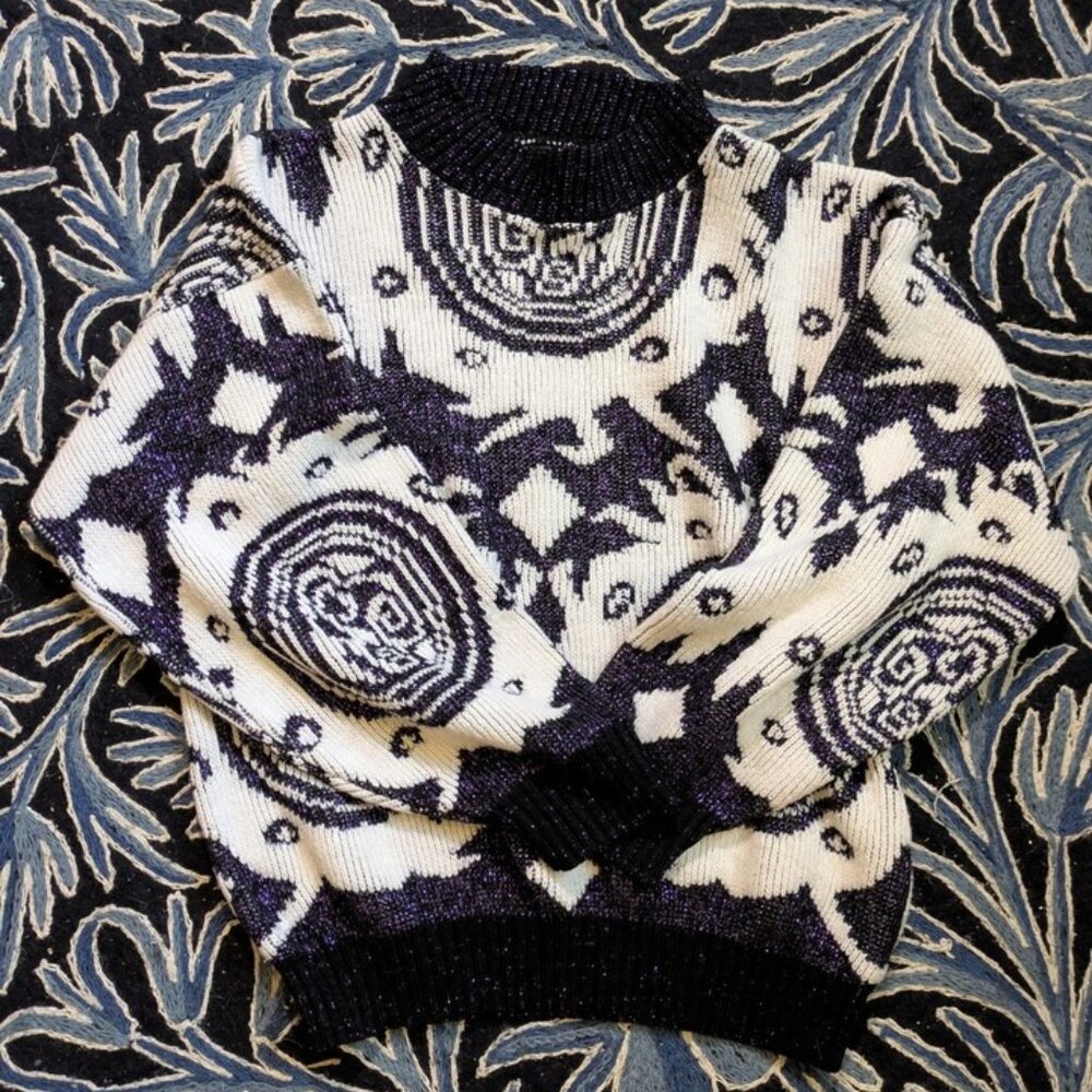 Vintage La Venture Women's Sparkly Purple And White Celtic Patterned Sweater S